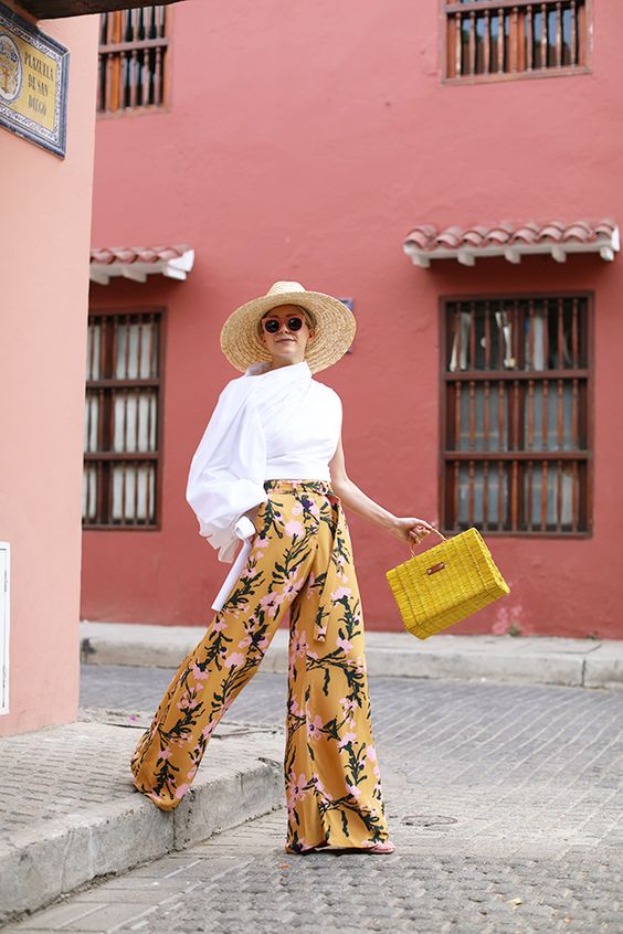 summer yellow flower pattern wide trousers